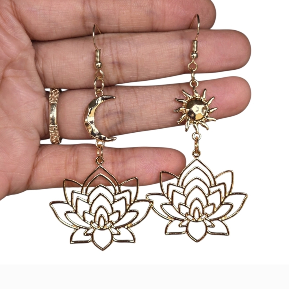 Sun Moon Lotus Dangle Boho Earrings Statement Jewelry Celestial